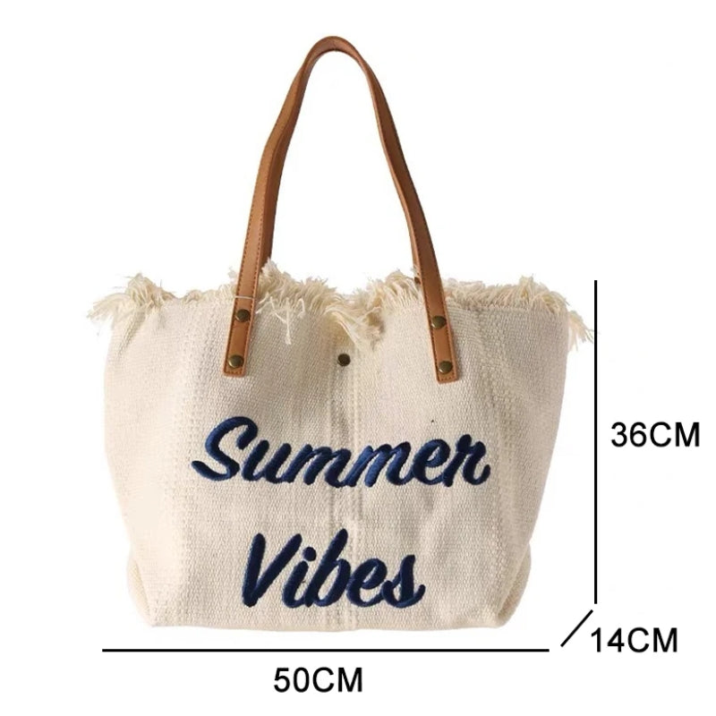 Sac de Plage pour Femme gros plan inscription - Blanc crème - Noir - Vert - Beige - Rose