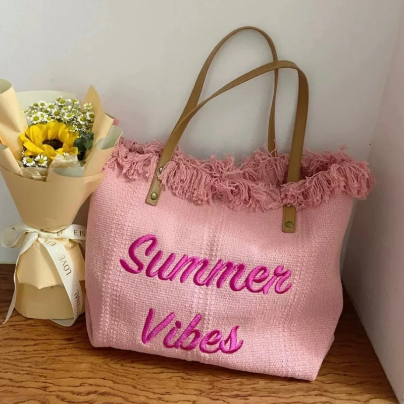 Sac de Plage pour Femme gros plan franges - Blanc crème - Noir - Vert - Beige - Rose