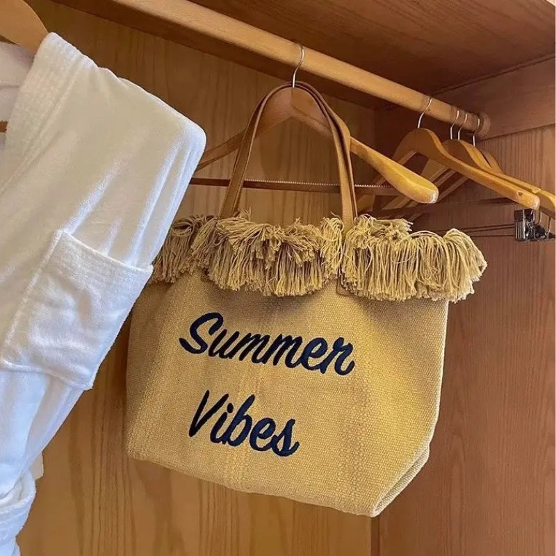 Sac de Plage pour Femme gros plan franges - Blanc crème - Noir - Vert - Beige - Rose