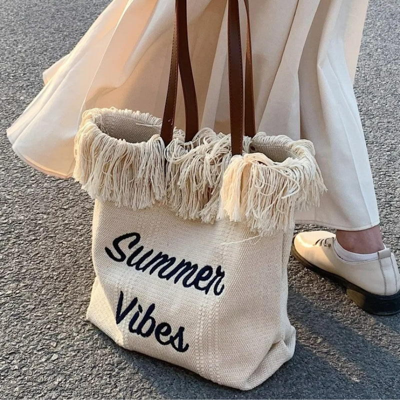 Sac de Plage pour Femme gros plan franges - Blanc crème - Noir - Vert - Beige - Rose