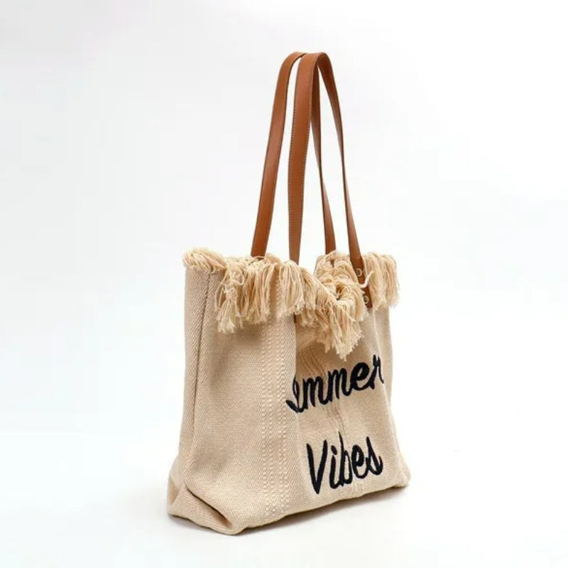Sac de Plage pour Femme détail franges - Beige