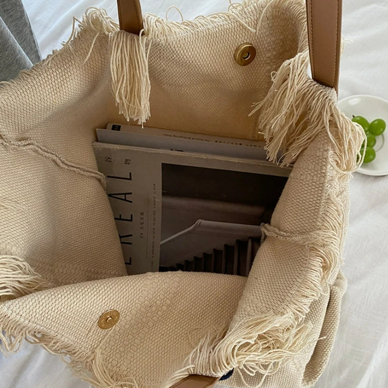 Sac de Plage pour Femme gros plan intérieur - Blanc crème - Noir - Vert - Beige - Rose