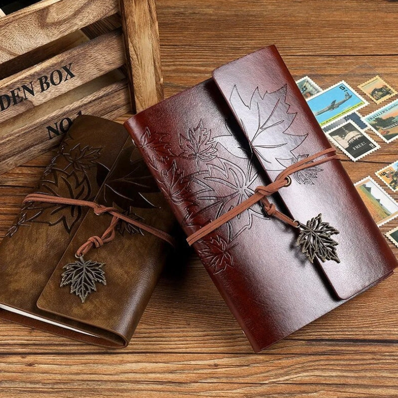 carnet voyage en cuir - Marron Clair - Marron Foncé - Marron - Bleu Ciel - Bleu - Orange - Vert Clair - Vert - Rose - Feuilles Perforées