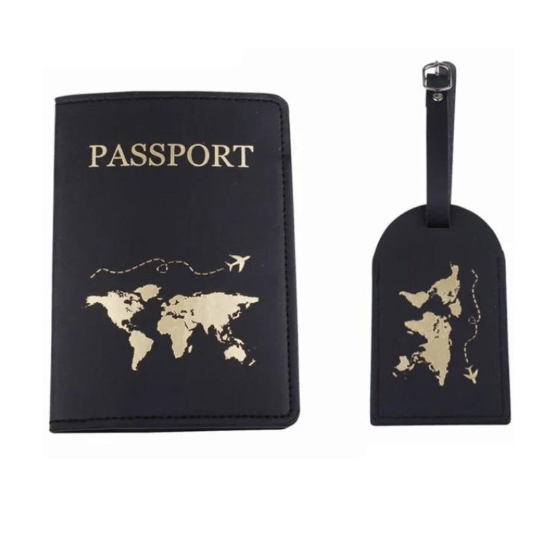 etiquette bagage a main avion - Noir - Gravure Dorée Map Monde