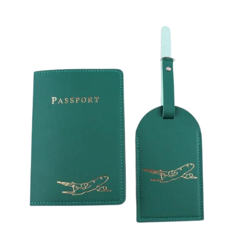 etiquette bagage cuir - Vert - Gravure Dorée Avion