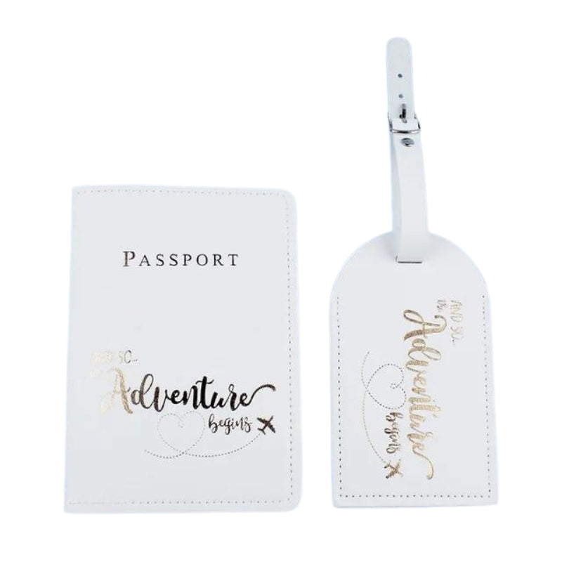 etiquette bagage et etui passeport - Blanc - Gravure Dorée