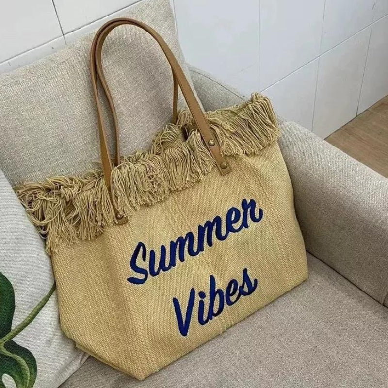 Sac de Plage pour Femme gros plan franges - Blanc crème - Noir - Vert - Beige - Rose